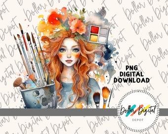 Mädchen Künstler DIGITAL DOWNLOAD PNG, Maler Sofortiger Download, Printable Sublimation, Malerei Clipart Geschenk, Pinsel & Farbe