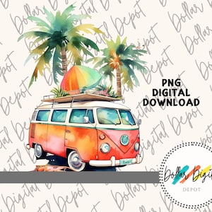 Retro vakantie hippie busje DIGITALE DOWNLOAD PNG, vintage instant download, afdrukbare sublimatie, palmbomen, voertuig clipart reiscadeau