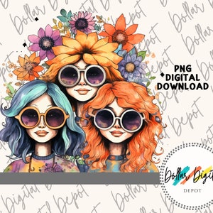 Può includere: Tre donne con capelli colorati e occhiali da sole indossano corone di fiori. Le donne sono disegnate in stile acquerello. Lo sfondo è bianco con il testo "Dollar Digital Depot" ripetuto.