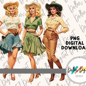 Western Vintage Pin Up Girls DIGITAL DOWNLOAD PNG, Cowgirls Instant Download, Printable Sublimation, Retro Clipart Gift
