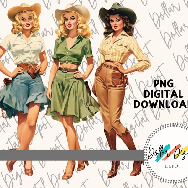 Western Vintage Pin Up Girls DIGITAL DOWNLOAD PNG, Cowgirls Instant Download, Printable Sublimation, Retro Clipart Gift