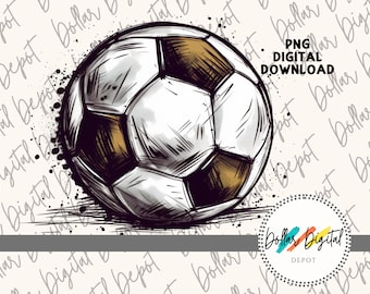 May include: A black and white illustration of a soccer ball with brown accents. The ball is drawn in a realistic style with visible stitching and texture. The background is a light beige with a watermark that says "Dollar Digital Depot".