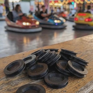 Puede incluir: Un montón de pequeños componentes circulares de plástico negro con un centro rebajado y un borde exterior ranurado. Estos artículos presentan una superficie plana y texturizada con un borde distintivo, pareciendo piezas mecánicas sueltas.