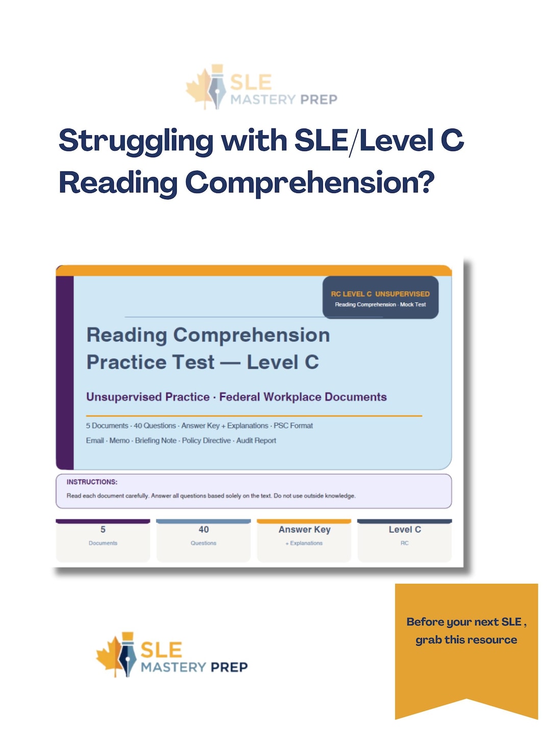 SLE Reading Comprehension Practice Test — Level C | 5 Federal Documents ...