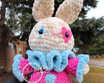 Handmade Crochet Heart Eye Jester Bunny Plushie. Crochet Clown Bunny Plush Toy. Adorable Soft Plush Valentine's Jester Clown Bunny Rabbit.