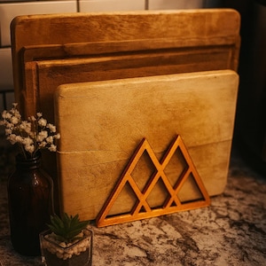 May include: Wooden cutting boards of varying sizes are stacked behind a decorative mountain-shaped holder. A small glass jar with a succulent and a dark brown vase with white flowers are in the foreground. The color palette is warm and earthy.