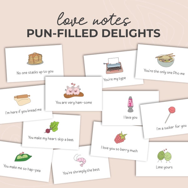 Love Notes - Pun Filled Delights, Sweet Lunchbox Notes, Cheeky Messages for Couples, Printable Cute Notes, Valentine's Day Love Notes