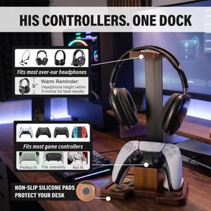以下が含まれることがあります： 「HIS CONTROLLERS. ONE DOCK」の文字が入った、木製のヘッドホンとコントローラーのスタンド。オーバーイヤーヘッドホンとゲームコントローラーを収納できます。スタンドには、デスクを保護するための滑り止めシリコンパッドが付いています。ヘッドホンの高さは23cm以内にしてください。