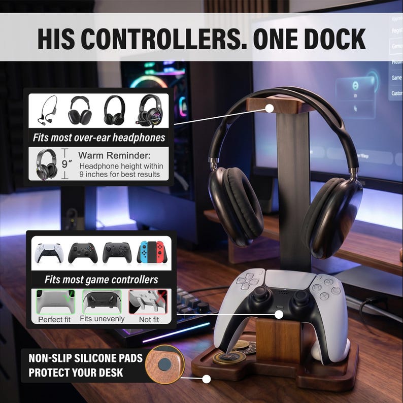 以下が含まれることがあります： 「HIS CONTROLLERS. ONE DOCK」の文字が入った、木製のヘッドホンとコントローラーのスタンド。オーバーイヤーヘッドホンとゲームコントローラーを収納できます。スタンドには、デスクを保護するための滑り止めシリコンパッドが付いています。ヘッドホンの高さは23cm以内にしてください。