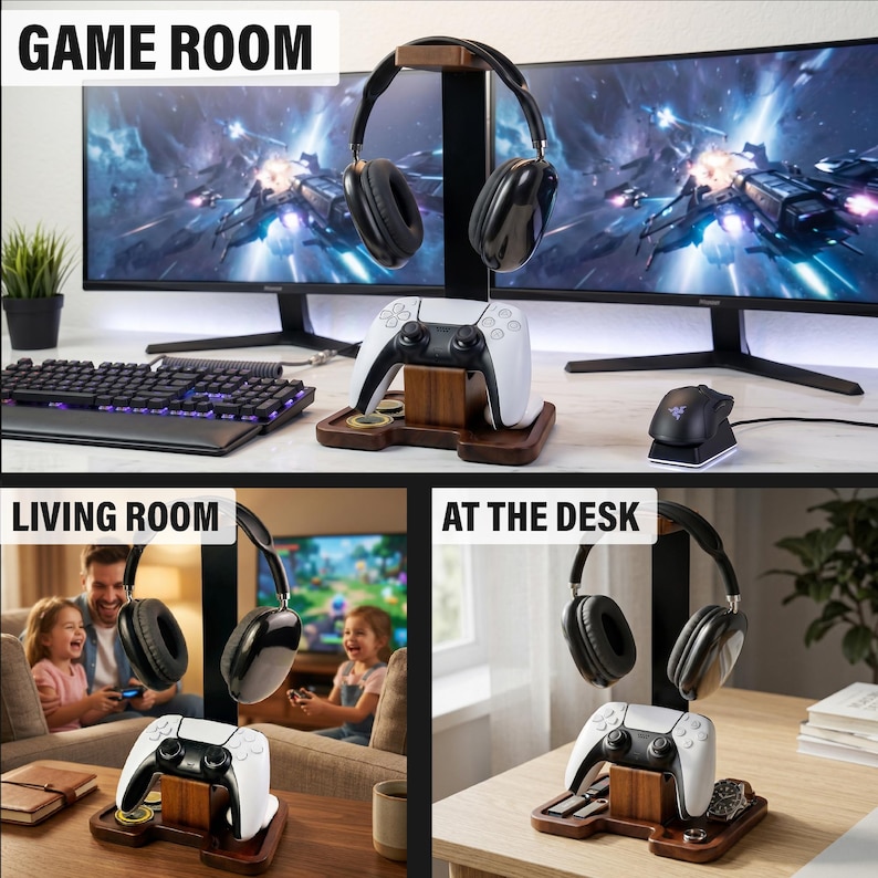 以下が含まれることがあります： 白と黒のゲームコントローラーと黒のヘッドフォンを備えた、木製のゲームヘッドセットスタンド。スタンドには時計とコインも収納されています。「GAME ROOM」、「LIVING ROOM」、および「AT THE DESK」というテキストが表示されます。