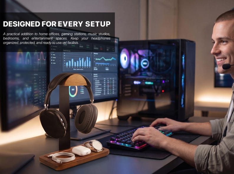 May include: A wooden and black metal headphone stand featuring a curved top rest, a vertical support post, and a rectangular base with integrated storage slots for a charging cable, wireless earbuds case, and a wristwatch.