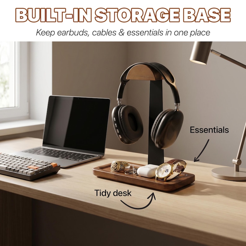 May include: A wooden headphone stand with a built-in storage base featuring a vertical support and a rectangular tray. The text reads BUILT-IN STORAGE BASE, Keep earbuds, cables & essentials in one place, Essentials, and Tidy desk.