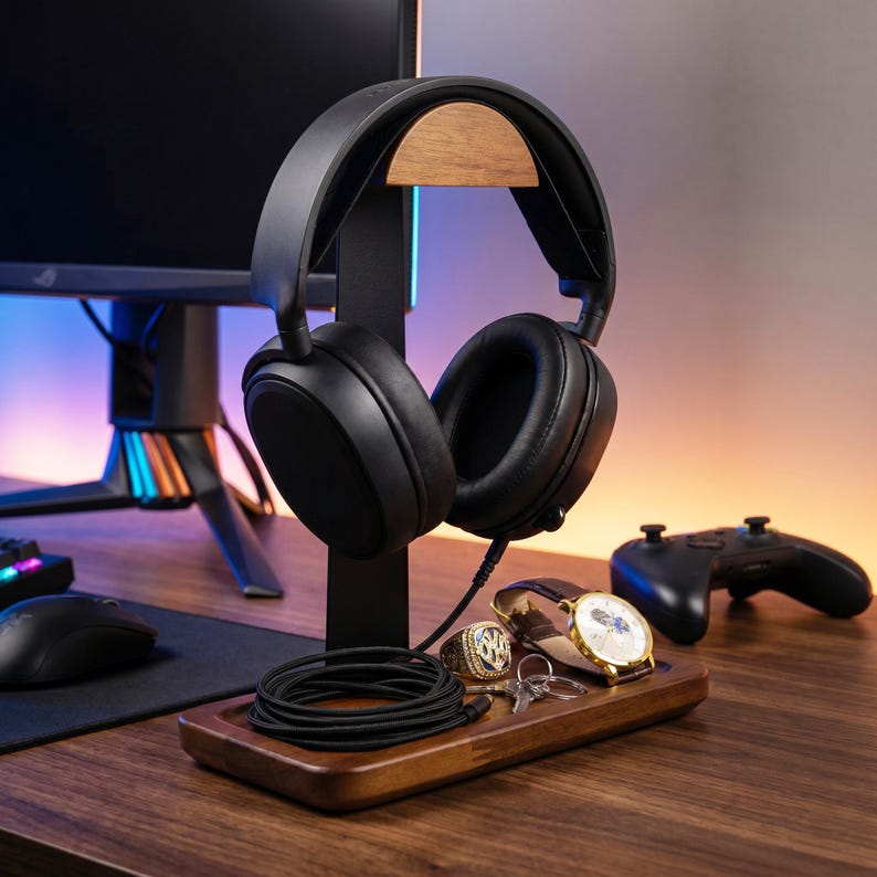 May include: A black headphone stand with a wooden base and a curved wooden top rest. The stand holds black over-ear headphones with a coiled black cable. The base contains a gold-toned ring, a wristwatch with a white face, and a set of metal keys.