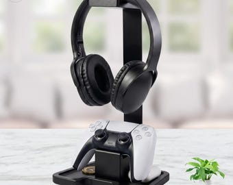 Headset Stand Gaming Controller Holder, Wood Headphone Stand with Storage Base, Gaming Equipment Accessories for Desk, Gifts for Gamers