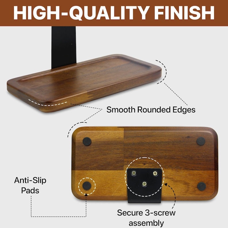 May include: A rectangular wooden base with smooth rounded edges and a black metal upright attachment. The underside features four circular black anti-slip pads and a secure three-screw assembly connecting the metal component to the wood.