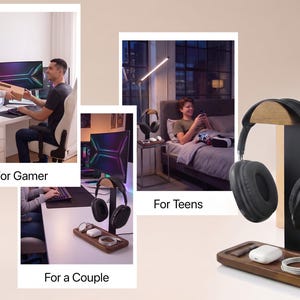 May include: A black headphone stand with a wooden base and a curved wooden top rest. The base features a rectangular tray for small items, holding a white charging case, a coiled white cable, and a small rectangular object on the wooden surface.