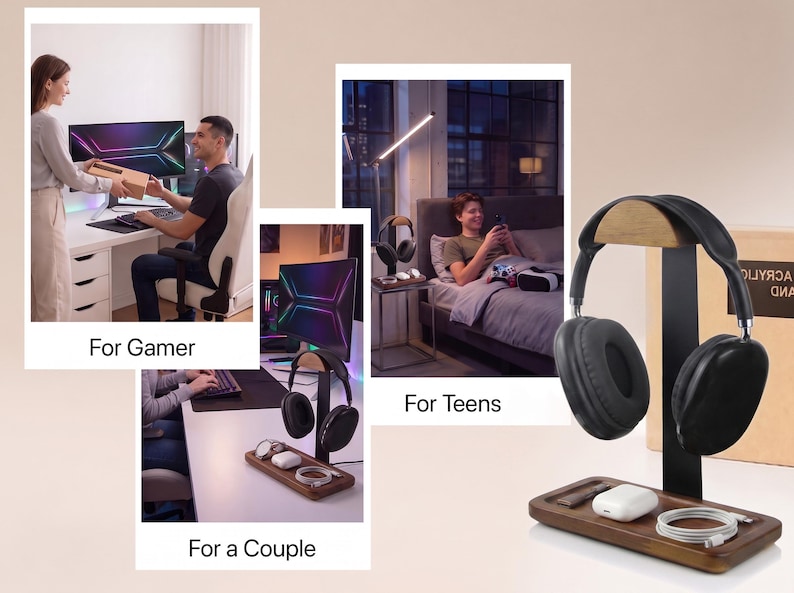May include: A black headphone stand with a wooden base and a curved wooden top rest. The base features a rectangular tray for small items, holding a white charging case, a coiled white cable, and a small rectangular object on the wooden surface.