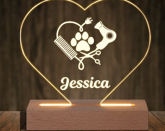 Pet Groomer Custom Night Light with Dog Grooming Hair Dryer Heart - Pet Salon Gift For Salon Owner - Desk Lamp Gift for Pet Grooming Service