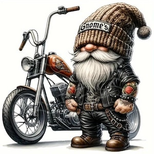 May include: An illustration of a biker gnome and a motorcycle. The gnome is wearing a leather jacket, a beanie hat with "Gnome's" on it, and has tattoos. The motorcycle is brown and silver.