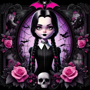 May include: A gothic-inspired illustration of a young woman with black hair in braids, wearing a black and white dress. She is framed in a circular window with a spiderweb design and surrounded by pink roses and bats. A skull sits at the bottom of the image.