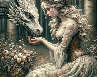 Fantasy cross Stitch pattern,  Lady and her dragon, Instant PDF download, full coverage counted cross stitch pattern