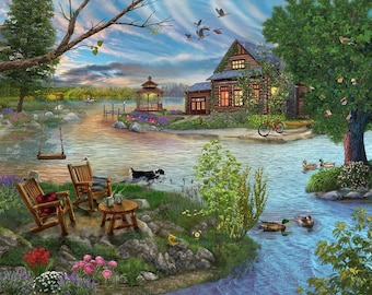 Lake Life 1 Cottage Scenery, Instant PDF download, full coverage counted cross stitch pattern