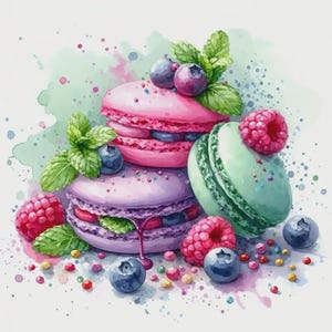 Peut inclure: Une illustration à l'aquarelle de trois macarons empilés de couleur rose, violette et vert clair. Les macarons sont garnis de feuilles de menthe fraîche, de framboises rouges et de myrtilles bleues, entourés de vermicelles colorés.