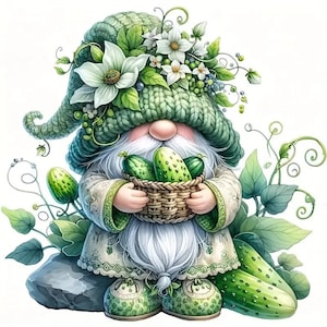 May include: A green gnome with a white beard and a green knitted hat with white flowers. The gnome is holding a basket of green cucumbers. The gnome is standing on a grey rock with green vines growing around it.