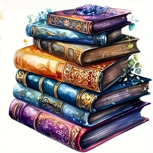 Puede incluir: Una pila de seis libros antiguos de tapa dura con diseños ornamentados y cubiertas de aspecto acuarela colorido. Los libros están dispuestos en forma de pirámide, con el libro más grande en la parte inferior y el más pequeño en la parte superior.