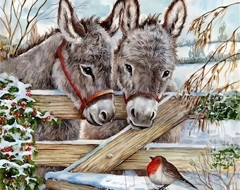 2 Donkeys with red breasted bird in winter scenery,  Instant PDF download, Printable, full coverage cross stitch pattern