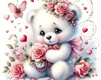 Valentine&#39;s Day Teddy Bear holding a flower Instant PDF Download Full coverage cross stitch pattern