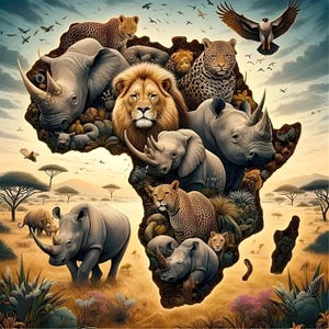 May include: A vibrant illustration of the African continent, shaped as a landmass and filled with wildlife. Lions, leopards, and rhinos are central, with an eagle in flight. The background depicts a savanna with scattered trees, using a warm, earthy colour scheme.