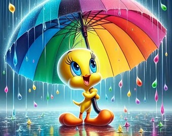 Yellow Bird, TweetyPie, Rainbow Rain, Rainbow Umbrella, instant PDF download, full coverage cross stitch pattern