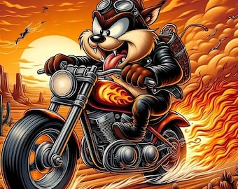 Taz on a Motorcycle, instant PDF download, full coverage cross stitch pattern