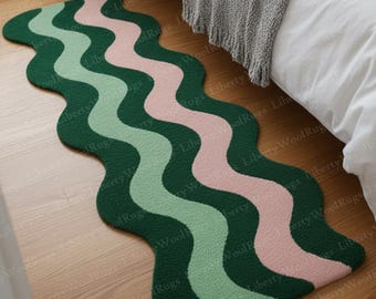 Wavy Hand Tufted Runner Rug | Pink & Green Groovy Irregular Carpet | Custom Wool Floor Mat for Hallway, Kitchen, or Aesthetic Bedroom Décor