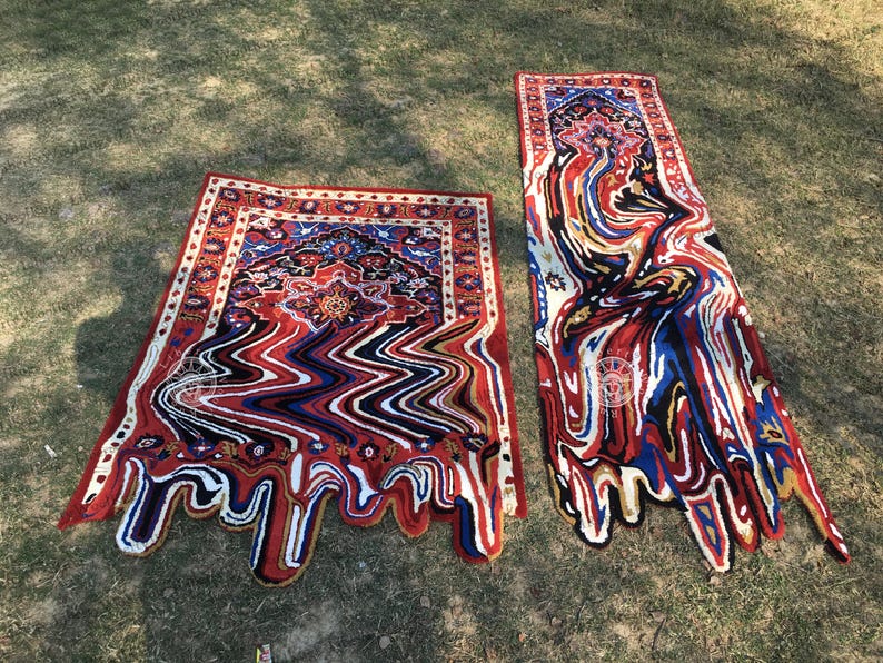Dripping Rug Hand-tufted Woolen Rug: Black Melting Design, Irregular Shape - Etsy
