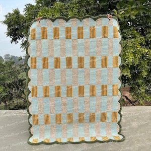 Green Border Hand tufted Blue & Green carpet and Irregular Shape Woolen handmade Area Rug for Home Aesthetic Colorful Handwoven Indoor 5x7