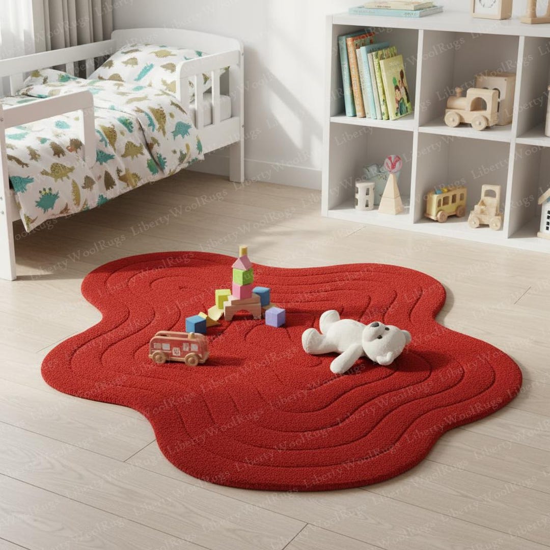 Red Wavy Rug Red Wavy Hand Tufted Wool Rug | Groovy Irregular Accent Mat - Etsy