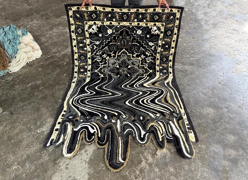 Dripping Rug Hand-tufted Woolen Rug: Black Melting Design, Irregular Shape - Etsy