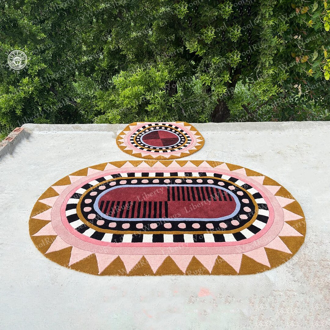 Hand-tufted Wool Area Rug, Pink Red Geometric Design - Etsy