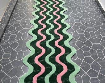 Hand Tufted Wool Area Rug, Green Pink Wavy Runner 3x10