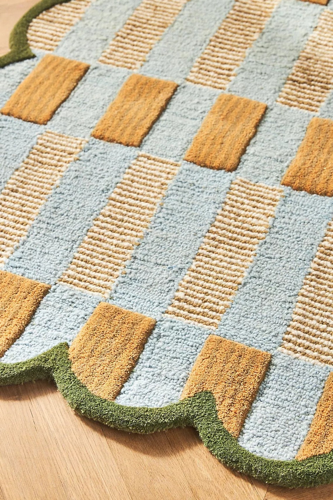 Scallop Blue & Green Tufted Wool Area Rug, Entryway Rug, Carpet for ...