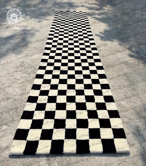Black White Runner Rug, Box Pattern Wool Rug, Thick and Soft Rug