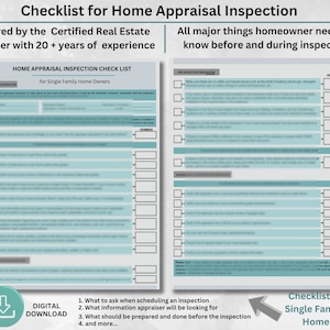 May include: A digital download checklist for single-family home appraisal inspections. The document includes a checklist for homeowners, prepared by a certified real estate appraiser with over 20 years of experience. The checklist is for single-family home owners.