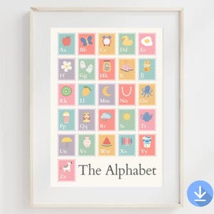 Alphabet Briefmarken Poster • Druckbare ABC Wandkunst für Kinder | Kinderzimmer Dekor | Digitaler Download für das Klassenzimmer, Kinderzimmer oder Homeschool