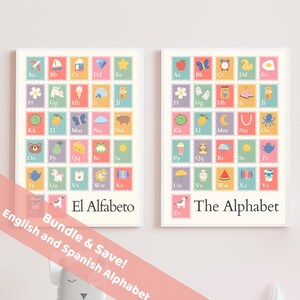 Bilingual Alphabet Stamp Poster Bundle • English and Spanish Printable PDF | Classroom, Nursery, Kid's Bedroom Wall Art