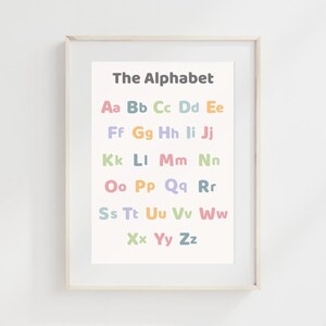 Póster imprimible del alfabeto brillante (A1/A2/A3/A4) para niños, impresión educativa para aulas, arte mural colorido.