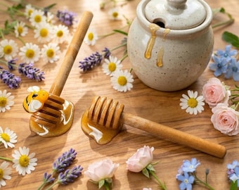 Ensemble de louches à miel décoratives en bois – Déco abeille et bâton de miel classique