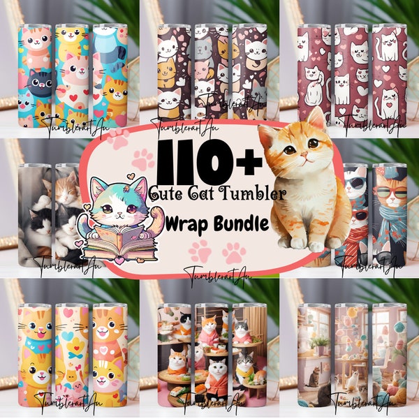 110 + süßes Katzenbecher-Wrap-Bundle, Katzensublimationsdesigns, Katzenliebhaber Tumbler PNG, 20 oz Katzenbecher Designs, süße Katzen Tumble PNG