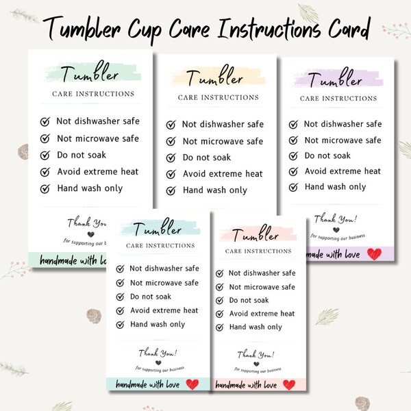 Skinny Tumbler Care Card Cup Care Card Instruction Png SVG PDF Small Business Supplies Washing Instructions Ready To Print Instant Download